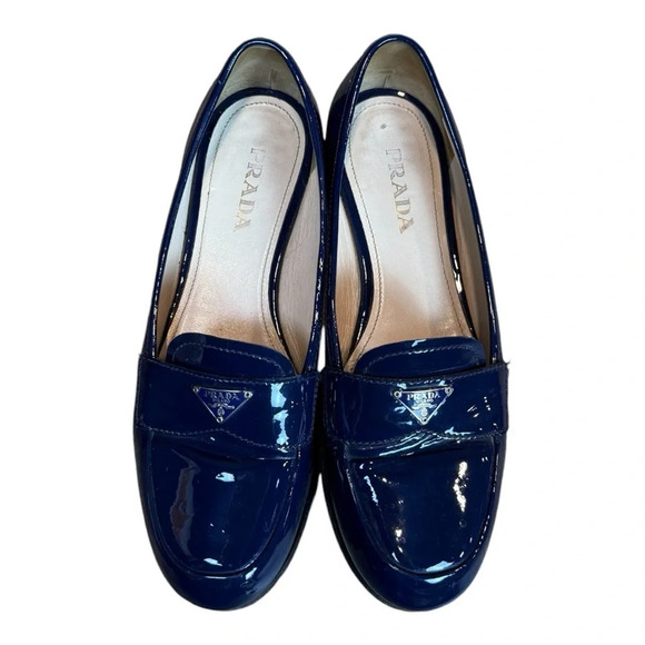 Prada Patent Leather Triangle Logo Loafers, Navy Blue, Size 36.5/US 6.5 - Picture 5 of 14